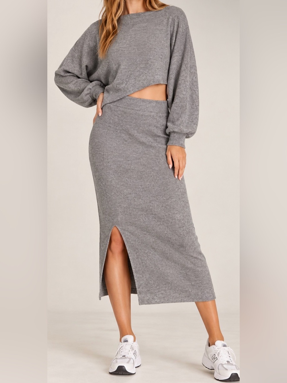 Zenana Gray Ribbed Knit Asymmetric Top & Midi Skirt Set - NWOT - Size L